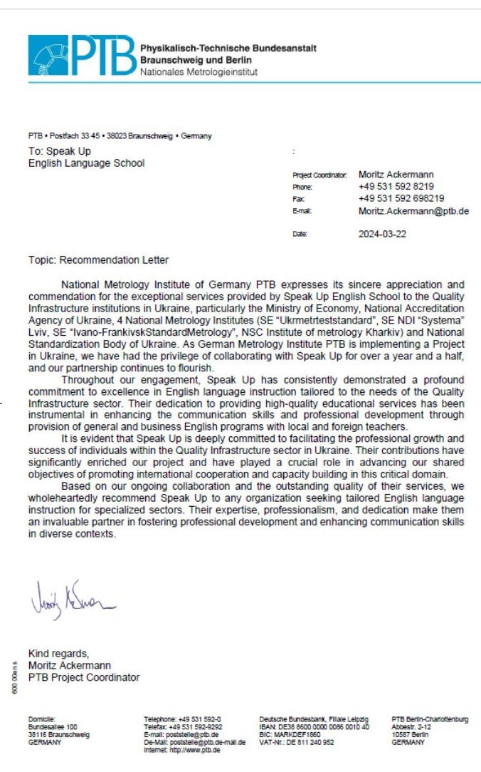 Recommendation letter from PTB, Germany